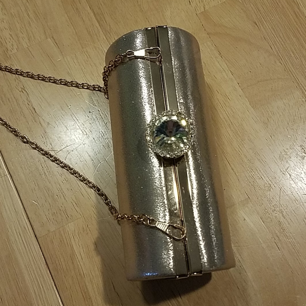 Lulu Townsend gold evening barrel crossbody clutch
